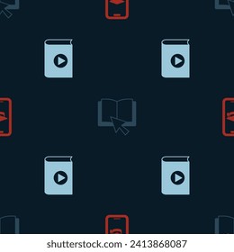 Set Graduation cap on mobile, Online book and Audio on seamless pattern. Vector
