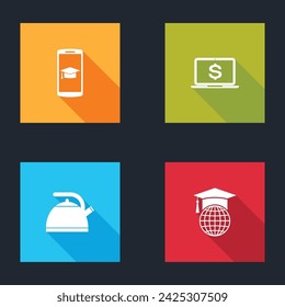 Set Graduation cap on mobile, Laptop with dollar, Kettle handle and globe icon. Vector