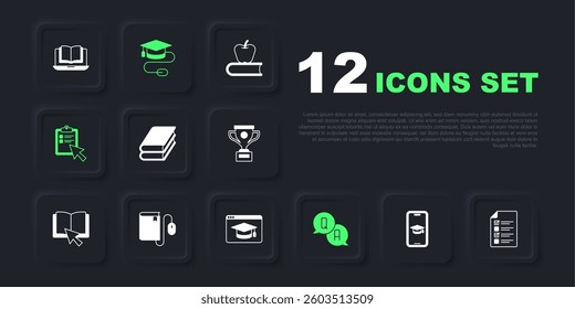 Set Graduation cap on mobile, Online quiz, test, survey, Book, Question and Answer, Electronic book with mouse,  and education icon. Vector