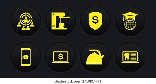 Set Graduation cap on mobile, globe, Laptop with dollar, Kettle handle, Shield and Coffee machine cup icon. Vector