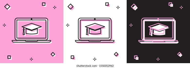 Set Graduation cap on screen laptop icon isolated on pink and white, black background. Online learning or e-learning concept.  Vector Illustration