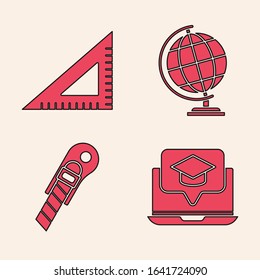 Set Graduation cap on screen laptop, Triangular ruler, Earth globe and Stationery knife icon. Vector