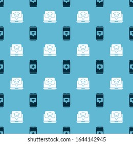 Set Graduation cap on screen smartphone and Graduation cap on screen laptop on seamless pattern. Vector