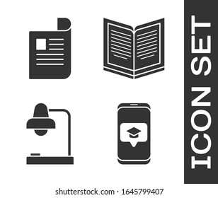 Coloque el tapón de graduación en pantalla smartphone, Document, Table lamp e icono Open book. Vector