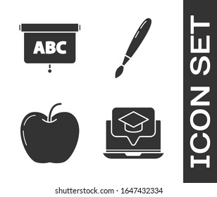 Coloque el tapón de graduación en el portátil de pantalla, el tablero de anuncios, el icono de pincel de Apple y Paint. Vector