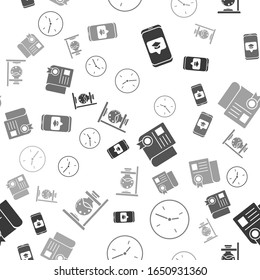 Set Graduation cap on screen smartphone, Clock, Certificate template and Glass test tube flask on fire on seamless pattern. Vector
