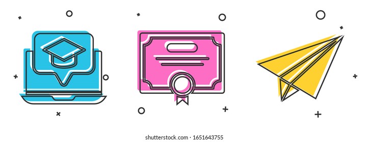 Set Graduation cap on screen laptop, Certificate template and Paper airplane icon. Vector