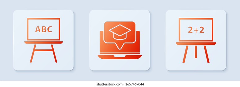 Set Graduation cap on screen laptop, Chalkboard and Chalkboard. White square button. Vector