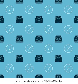 Set Graduation cap on screen laptop and Clock on seamless pattern. Vector