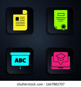 Set Graduation cap on screen laptop, Document,  board and Certificate template. Black square button. Vector
