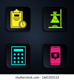 Set Graduation cap on screen smartphone, Exam sheet with clock, Calculator and Glass test tube flask on fire. Black square button. Vector
