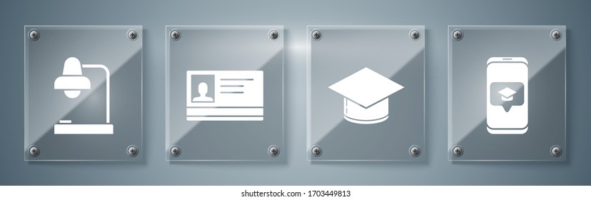 Set Graduation cap on screen smartphone, Graduation cap, Identification badge and Table lamp. Square glass panels. Vector
