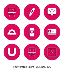 Set Graduation cap on screen smartphone, Chalkboard, Clock, Identification badge, Magnet, Protractor grid for measuring degrees, speech bubble and  icon. Vector