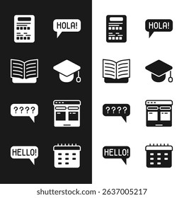 Set Graduation cap, Open book, Exam sheet, Hola in different languages, Speech bubbles with Question, Online translator, School timetable and Hello icon. Vector