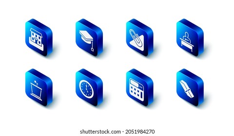 Set Graduation cap, Paper clip, Schoolboy sitting desk, Eraser or rubber, Calculator, Clock, Stage stand and building icon. Vector