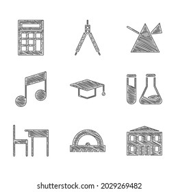 Set Graduation cap, Protractor, School building, Test tube and flask, table chair, Music note, tone, Light rays prism and Calculator icon. Vector