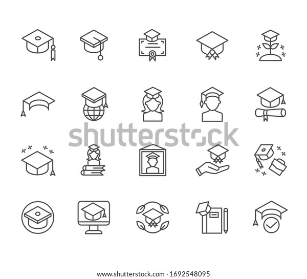 Set of\
graduation cap Related Vector Line Icons. Includes such Icons as\
University, master\'s degree, student, diploma, science,\
dissertation, scientific work, knowledge and\
more.
