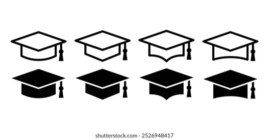 Conjunto de tapa de graduación Icono de grado escolar Icono de signo Diseño de Vector Esquema simple Ilustración de relleno negro aislado