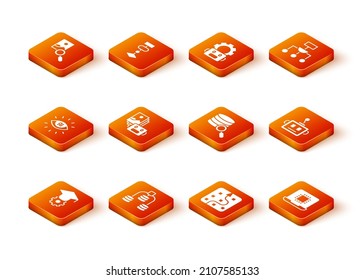 Set Graduation cap, Server, Data, Artificial intelligence AI, robot, Neural network, Processor CPU and  icon. Vector