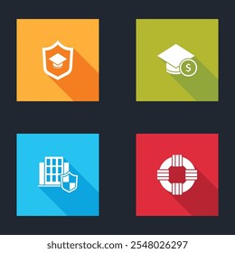 Set Graduation cap with shield, and coin, House and Lifebuoy icon. Vector