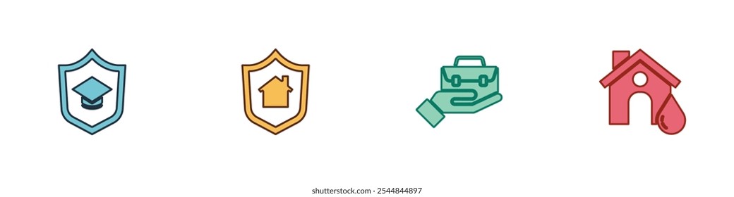 Set Graduation cap with shield, House, Hand holding briefcase and flood icon. Vector