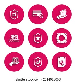 Set Graduation cap with shield, Life insurance, Calendar, Lifebuoy, House hand, flood,  and  icon. Vector