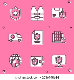 Set Graduation cap with shield, Life jacket, Delivery security, Emergency car, Contract, Fire in burning house, Shield world globe and Wallet icon. Vector