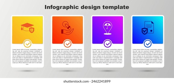 Set Graduation cap with shield, Light bulb in hand, Umbrella and Contract. Business infographic template. Vector