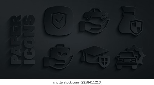 Set Graduation cap with shield, Money bag, Travel suitcase in hand, Car accident, insurance and Shield icon. Vector