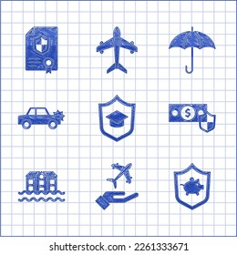 Set Graduation cap with shield, Plane in hand, Piggy bank, Money, House flood, Car, Umbrella and Contract icon. Vector