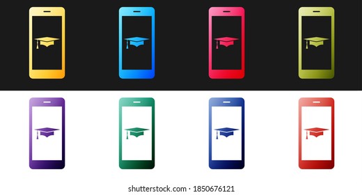 Establece el tapón de graduación y el icono del smartphone. Icono de concepto de aprendizaje en línea o e-learning aislado en fondo blanco y negro. Vector.