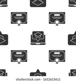 Set Graduation cap in speech bubble, Graduation cap on screen laptop and Certificate template on seamless pattern. Vector