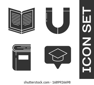 Set Graduation cap in speech bubble, Open book, Book and Magnet icon. Vector