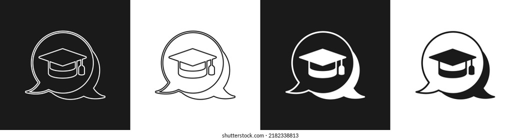 Set Graduation cap in speech bubble icon isolated on black and white background. Graduation hat with tassel icon.  Vector