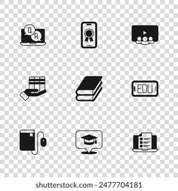 Set Graduation cap in speech bubble, Online education, quiz, test, survey, Book, class, Question and Answer, with diploma and donation icon. Vector
