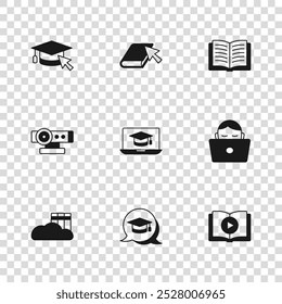 Set Graduation cap in speech bubble, Student working laptop, Audio book, Open, with cursor, Online and Web camera icon. Vector