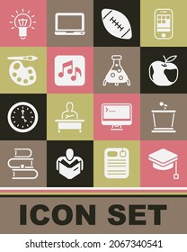 Set Graduation cap, Stage stand, Apple, American football ball, Music note, tone, Paint brush with palette, Light bulb and Test tube flask icon. Vector