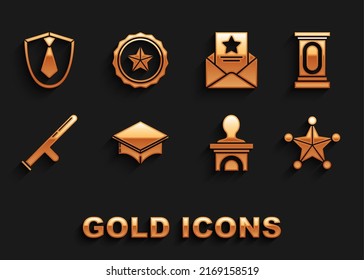Poner el gorro de graduación, el escenario o el debate en el podio, el sheriff Hexagram, el bastón de goma de la policía, la orden de arresto, el icono de la marca y la placa. Vector