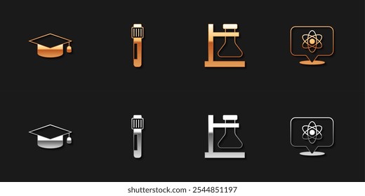 Set Graduation cap, Test tube, flask stand and Atom icon. Vector