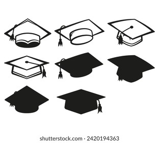 set of graduation caps degree ceremony minimalist concept and silhouettes