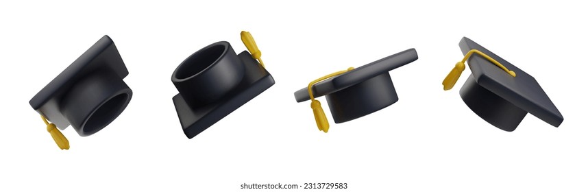 Set of graduation caps from different angles, 3d vector illustration isolated on white background. Flying black hats with golden tassels. College or university graduation.