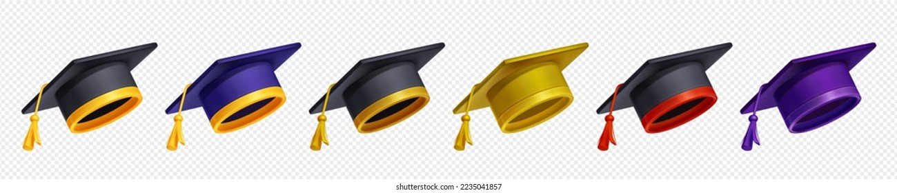 Set of graduation caps in different colors png on transparent background. Vector illustration of academic tassel hats for students graduating from college, high school or university. Education symbol