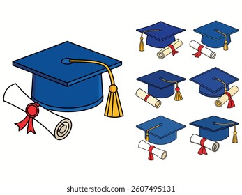Set of Graduation Caps and Diplomas