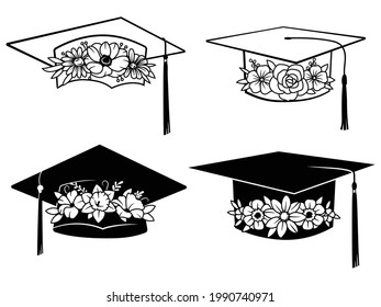 Set of graduation caps with flowers. Collection of educational headwear for graduation school, university. Vector illustration of design for t-shirts.