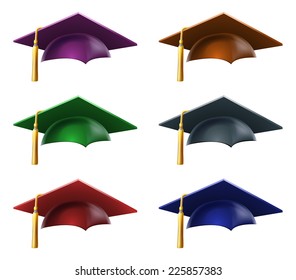 A set of a Graduation or convocation mortarboard hats or caps in different colors