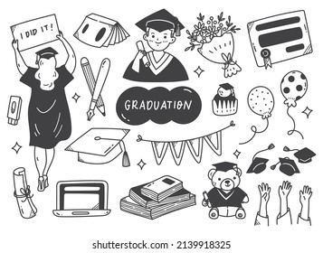 Set Of Graduation Doodle Line Art Vector Illustration