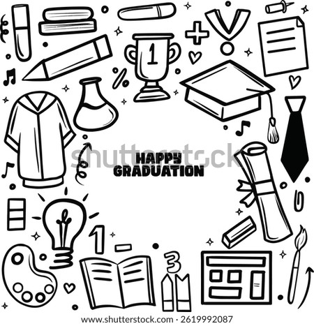  Set of Graduation Doodle Line Art Vector Illustration, Cute hand drawn graduation element set on outline style