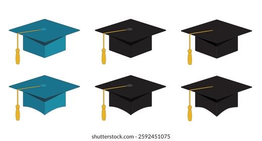 Set of Graduation, Educational, Caps in Teal and Black Cap Transparent PNG on Isolated White Background. 