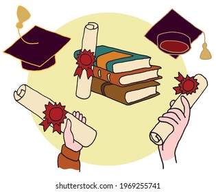 Set of Graduation. Getting a Diploma. Diploma on the books, Diploma in hand, square Academic cap. Vector EPS 10