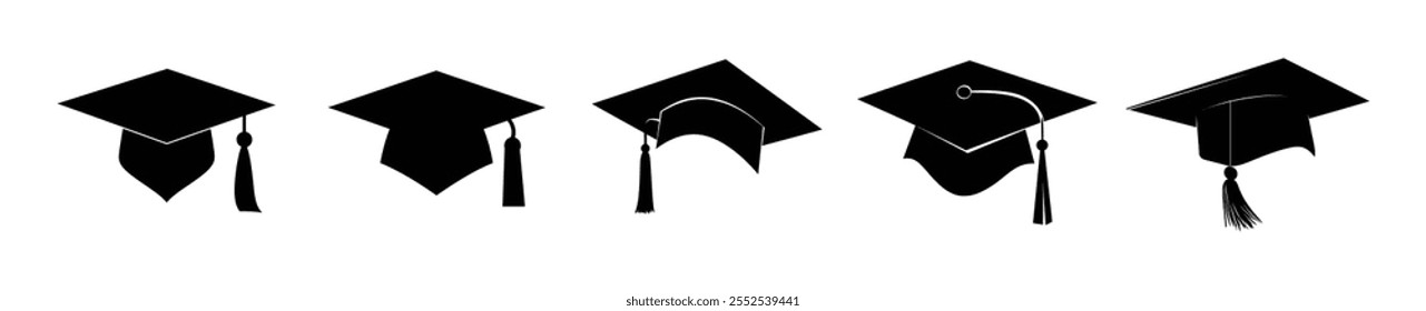  Set of graduation hat cap icons vector illustration isolated on white background.